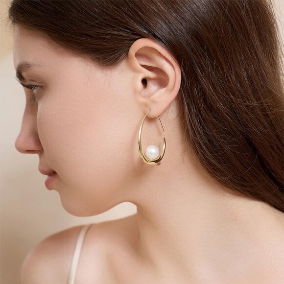 ✨Funfmm Women Gold Plated Lightweight Pearl Trendy Teardrop Hoop Earring Jewelry - Picture 4 of 7